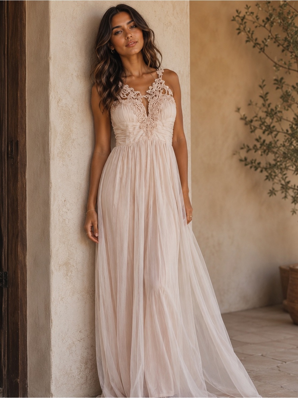 NWT Little Mistress Cream Tulle Maxi Dress Lace Detail Hand Beaded Size 12